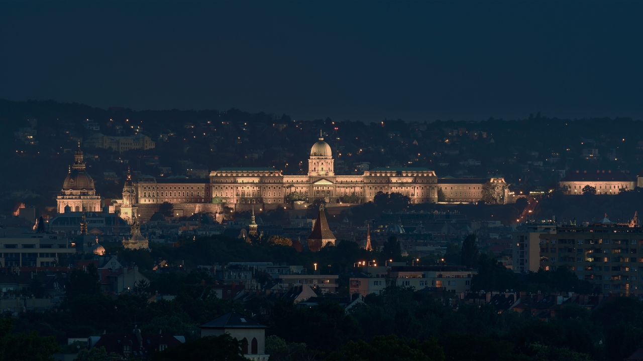 Buda royal castle panoramic photo. St Stephen basilica dome Vajdahunyad castle towers and Buda royal castle in this picture from unique viewpoint