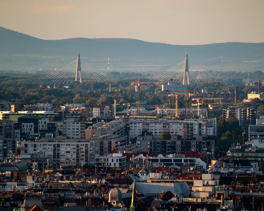 Unique view about the Budapest's roofs. Ujlipotvaros on the foreground. Angyalfold on the middle. Megyeri bridge in Ujpest on the background