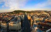 amazing aerial panoramic cityscape about Budapestdowntown. Ferenciek square in the foreground.