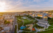 Aerial view about the new millenary park of Budapest Hungary.  Amazing new outdoor freetime park in Buda side next to a mall center near by Kalman Szell square