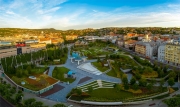 Aerial view about the new millenary park of Budapest Hungary.  Amazing new outdoor freetime park in Buda side next to a mall center near by Kalman Szell square