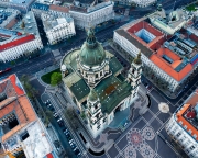 Aerial view from St Stephen's Basilica in evening. Historical and famous old building. Hungary, Budapest. Sunrise aerial view scenic. Empty. covid-19