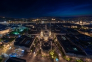 Amazing aerial cityscape about Budapest with drone.  The main theme is St Stephen basilica. Hystorical Roman catholic church.  built in 1851-1905. famous tourist attraction