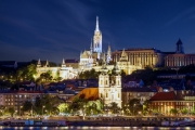 Amazing night shot about Fishermans bastion Batthyany square Saint Anna church and Matthias church. Famous tourist attraction in this city.