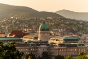 Hungary Budapest cityscape about the national gallery which another name is Buda royal palace. Harmas hater mountain on the background and Fishermans bastion on the let side.
