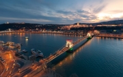 Europe Hungary Budapest Decorated Szechenyi Chain bridge Danube river Buda castle.