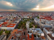 Europe hungary Budapest. Aerial panoramic cityscape about Budapest with epic sky. A Storm is  comming on the background.  Famous historical downtown in the foreground with ferris wheel what name is Budapest Eye.