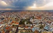 Europe hungary Budapest. Aerial panoramic cityscape about Budapest with epic sky. A Storm is  comming on the background.  Famous historical downtown in the foreground with ferris wheel what name is Budapest Eye.