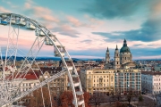 Ferris wheel In Hungary Budapest. Erzsebet square, St Stephen Basilica, Andrassy street. Budapest Eye