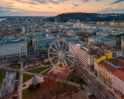 Ferris wheel In Hungary Budapest. Danube river, Erzsebet bridge, Gellert hill, Liberty statue