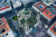 Aerial view from St Stephen's Basilica in evening. Historical and famous old building. Hungary, Budapest. Sunrise aerial view scenic. Empty. covid-19