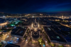 Amazing aerial cityscape about Budapest with drone.  The main theme is St Stephen basilica. Hystorical Roman catholic church.  built in 1851-1905. famous tourist attraction