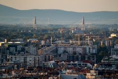 Unique view about the Budapest's roofs. Ujlipotvaros on the foreground. Angyalfold on the middle. Megyeri bridge in Ujpest on the background
