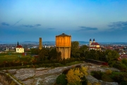 Calvary hill in Tata city hungary. Amazing photo about a geolocial open-air  museum and nature reserved area. There is Jakab Fellner lookout tower a chapel and iconic water tower