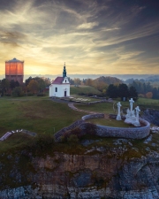 Calvary hill in Tata city hungary. Amazing photo about a geolocial open-air  museum and nature reserved area. There is Jakab Fellner lookout tower a chapel and iconic water tower