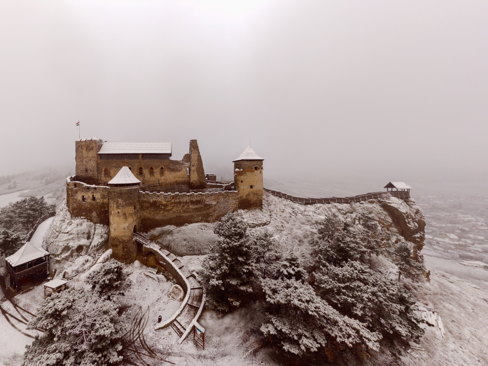 Aerial view about the castle of boldogko in Zemplen mountain Hungary. Hungarian historical castle in winter time with snow. Famoust tourist destination but now closed due coronavirus.