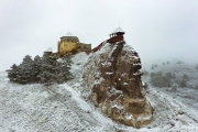 Aerial view about the castle of boldogko in Zemplen mountain Hungary. Hungarian historical castle in winter time with snow. Famoust tourist destination but now closed due coronavirus.