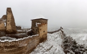 Aerial view about the castle of boldogko in Zemplen mountain Hungary. Hungarian historical castle in winter time with snow. Famoust tourist destination but now closed due coronavirus.